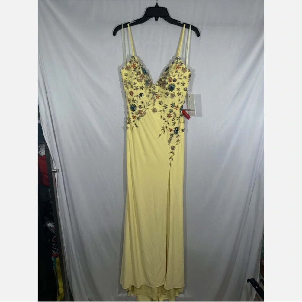 NWT Mac Duggal [ 4 ] Multi Color Beaded Floral Cami‎ Slit Gown Yellow - Picture 6 of 15